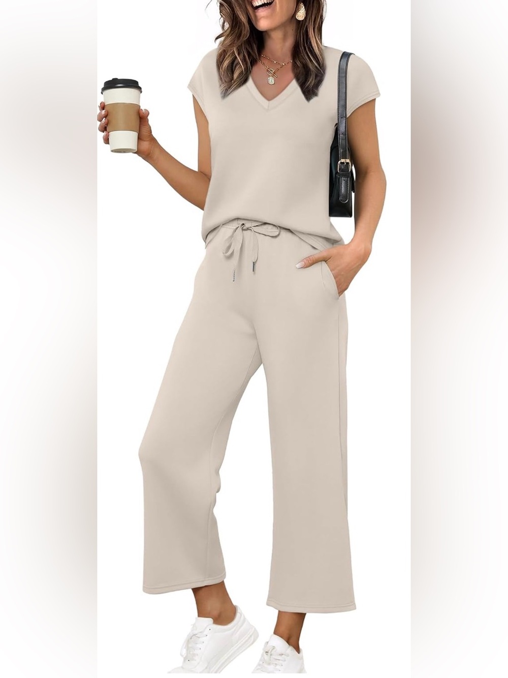 Saloogoe Two Piece Sets for Women Summer Outfits Lounge Sets V Neck Tops Wide Le